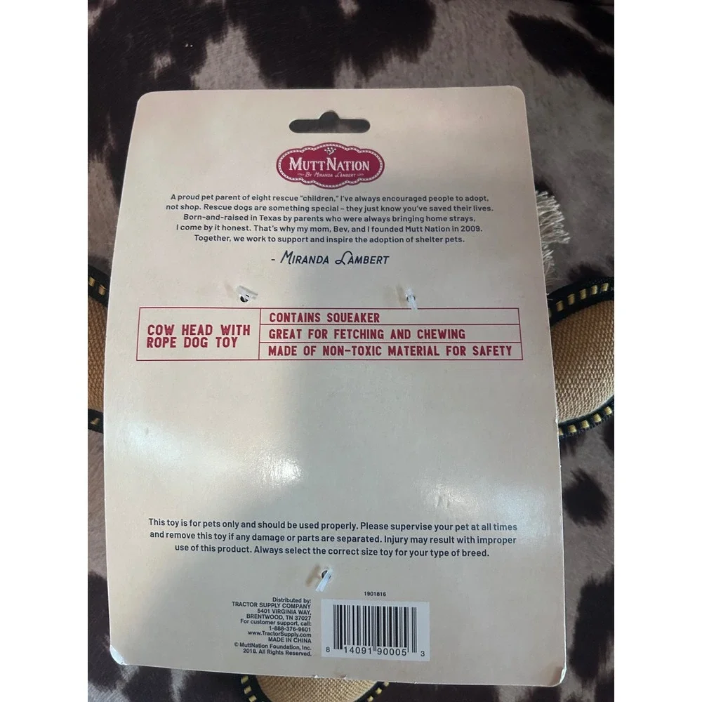 MuttNation Cow Head Rope Dog Toy Medium Brown White Squeaker Western Tug Toy